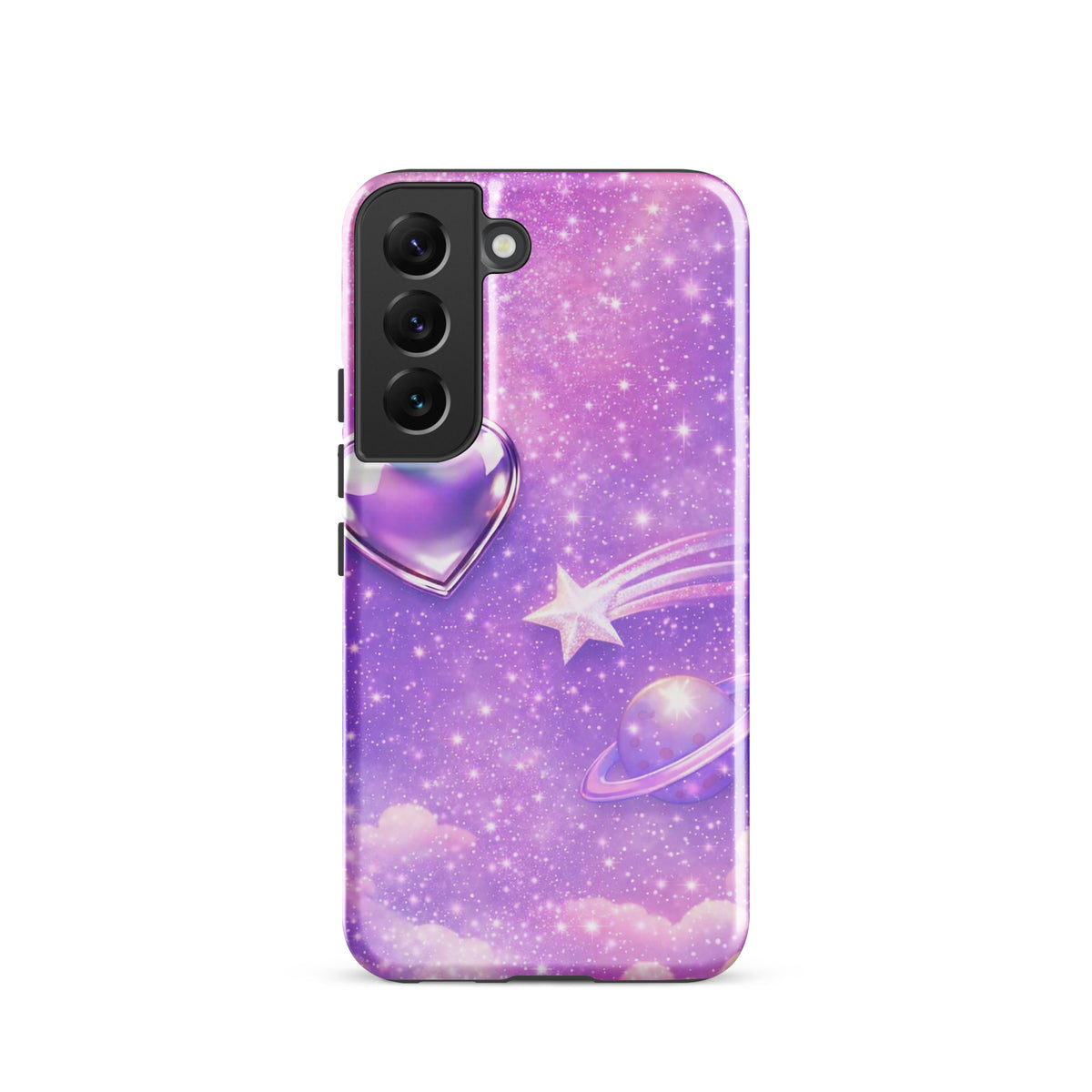 Phone Case for Samsung Galaxy with Cosmic Heart and Shooting Star Design; features chrome heart and celestial artwork on pastel clouds.
