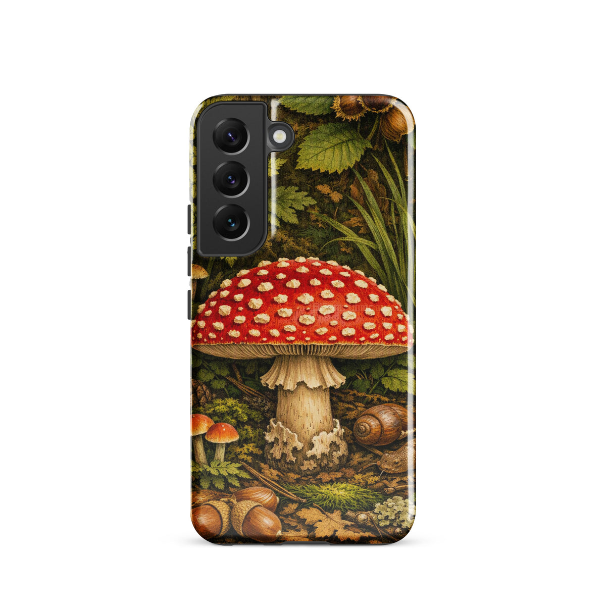 Phone Case for Samsung Galaxy with Amanita Muscaria Mushroom design, featuring a vibrant red and white mushroom in a forest setting.