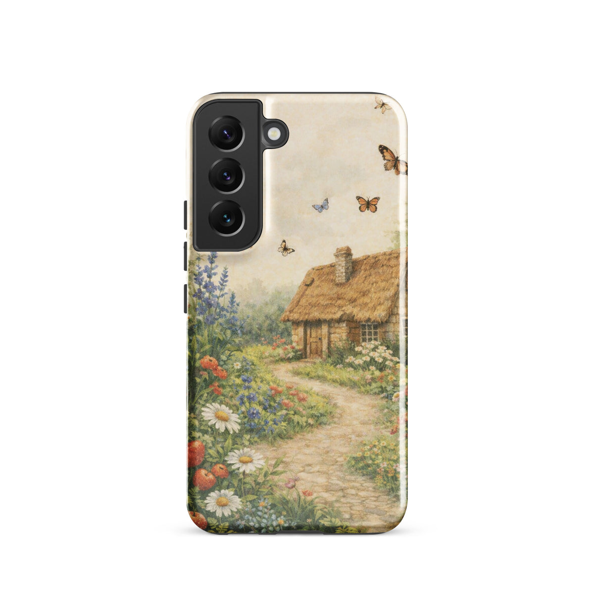 Phone Case for Samsung Galaxy with cottage garden art featuring a thatched roof cottage and vibrant flower garden design.