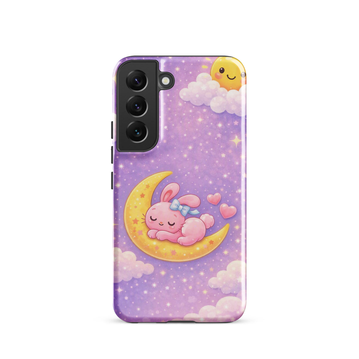 Phone Case for Samsung Galaxy - Cute, Cozy, Dreamy Bunny Moon Design showing pink bunny sleeping on a crescent moon with stars.