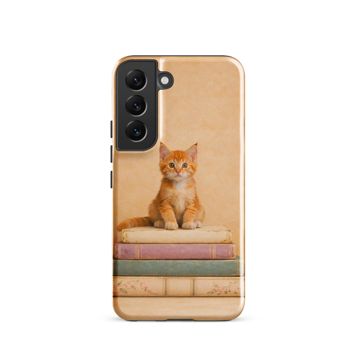 Phone Case for Samsung Galaxy featuring a cute orange kitten on vintage books design, cozy and stylish accessory for cat lovers.