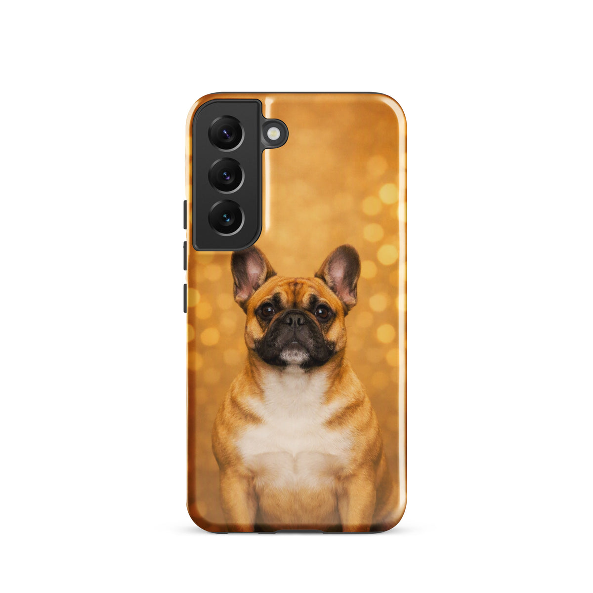 Phone Case for Samsung Galaxy featuring French Bulldog against golden bokeh background, showcasing charming and playful design.