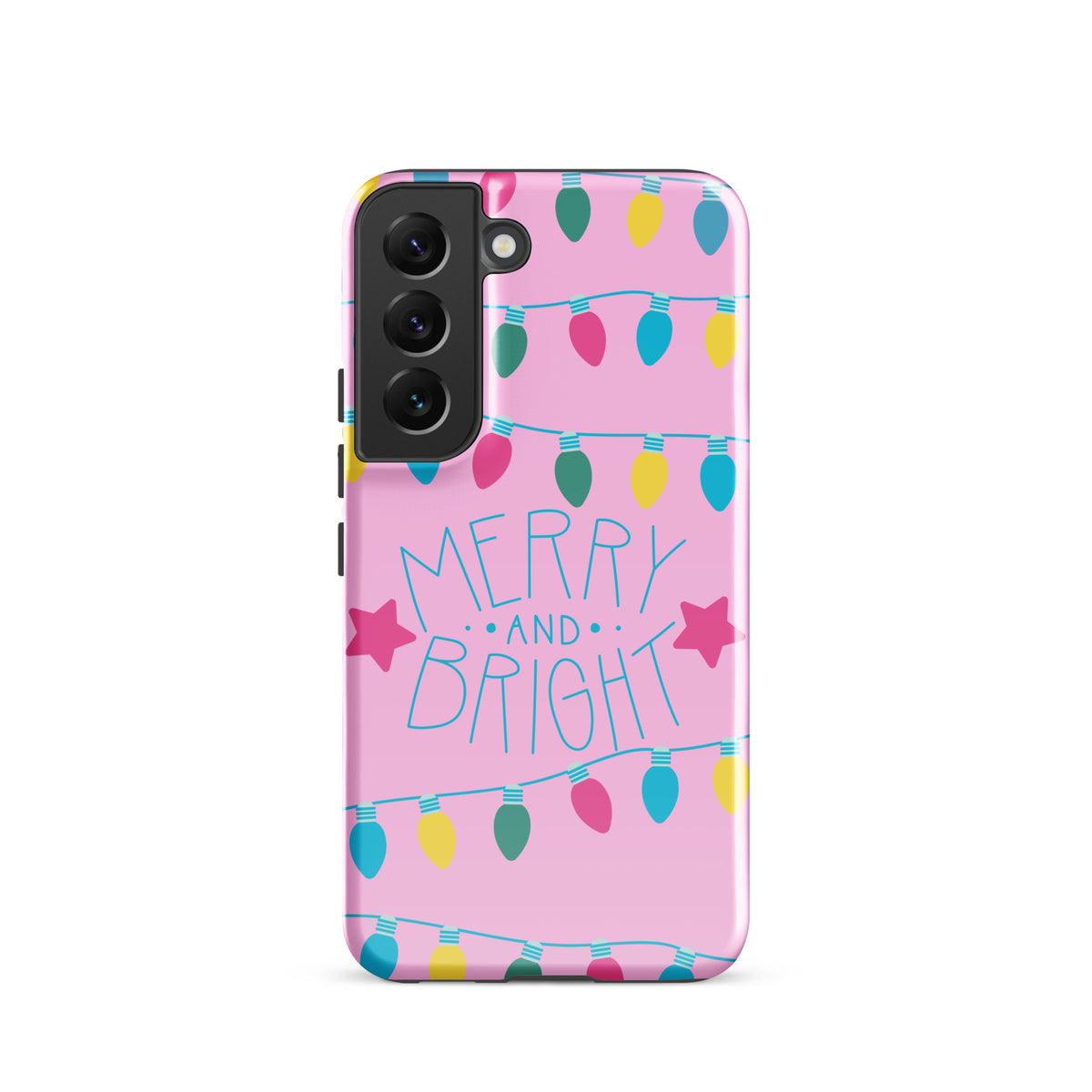 Phone Case for Samsung Galaxy with "Merry and Bright" holiday lights design on pink background featuring colorful bulbs and stars.