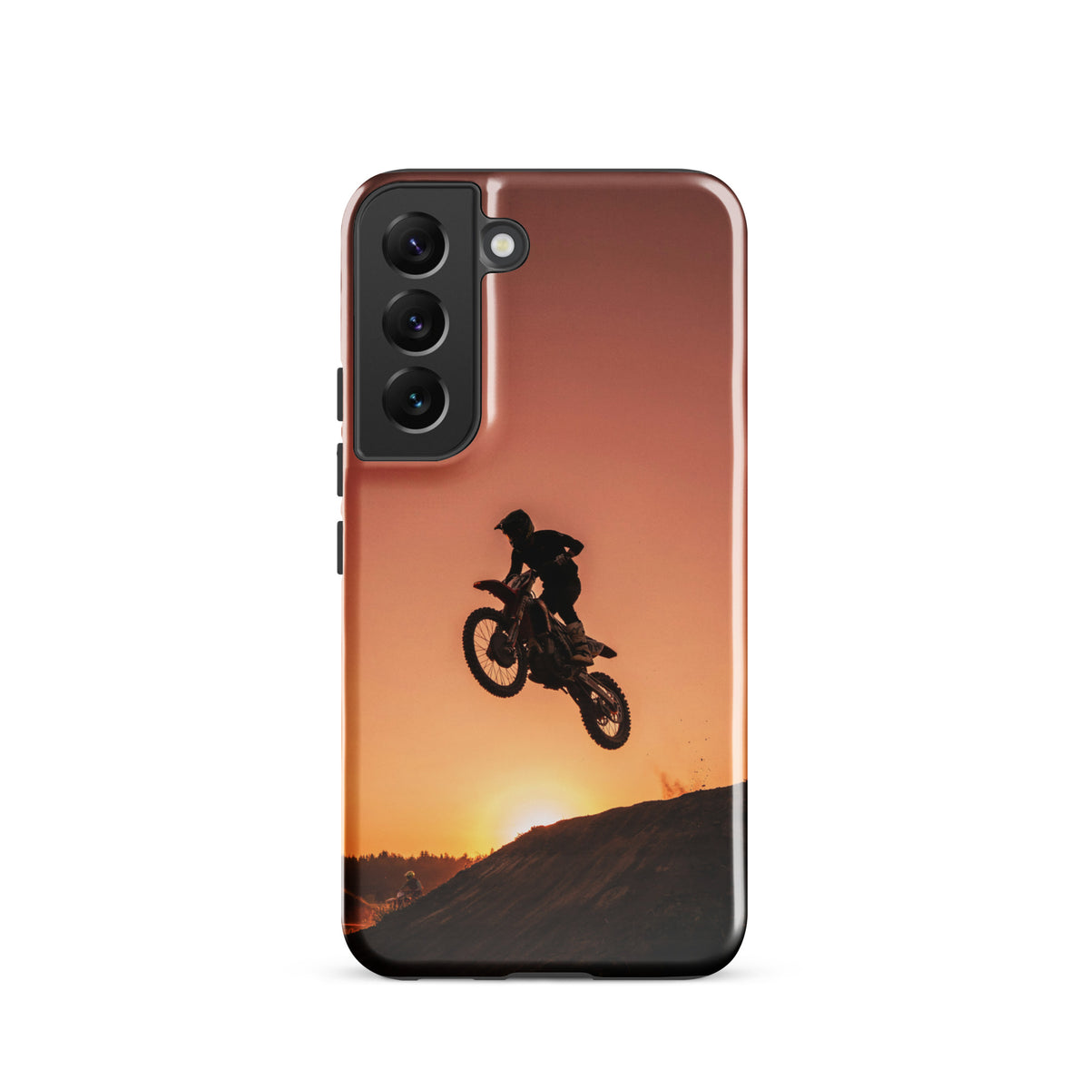 Phone Case for Samsung Galaxy with dirt bike silhouette against sunset design, featuring warm copper, gold, and black colors.