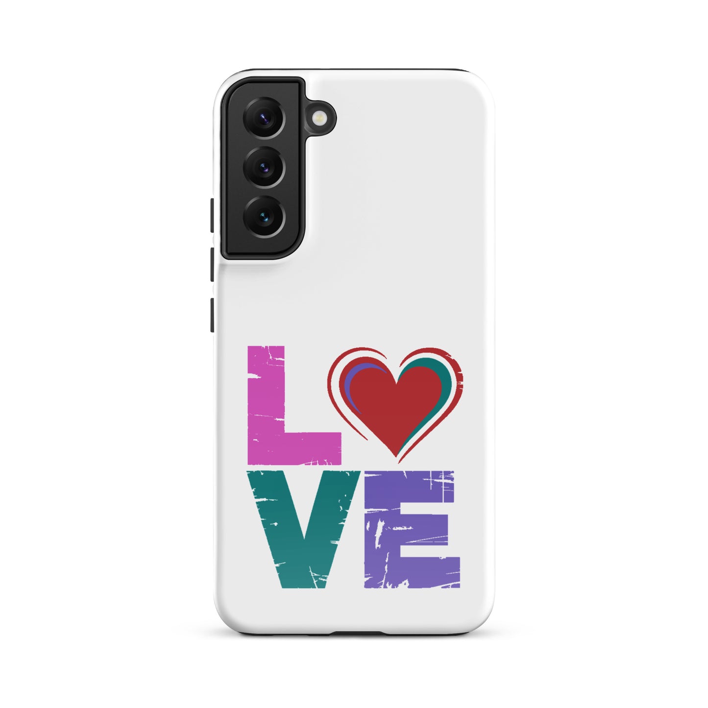 Tough case for Samsung Galaxy Phones featuring colorful 'LOVE' design with heart illustration.