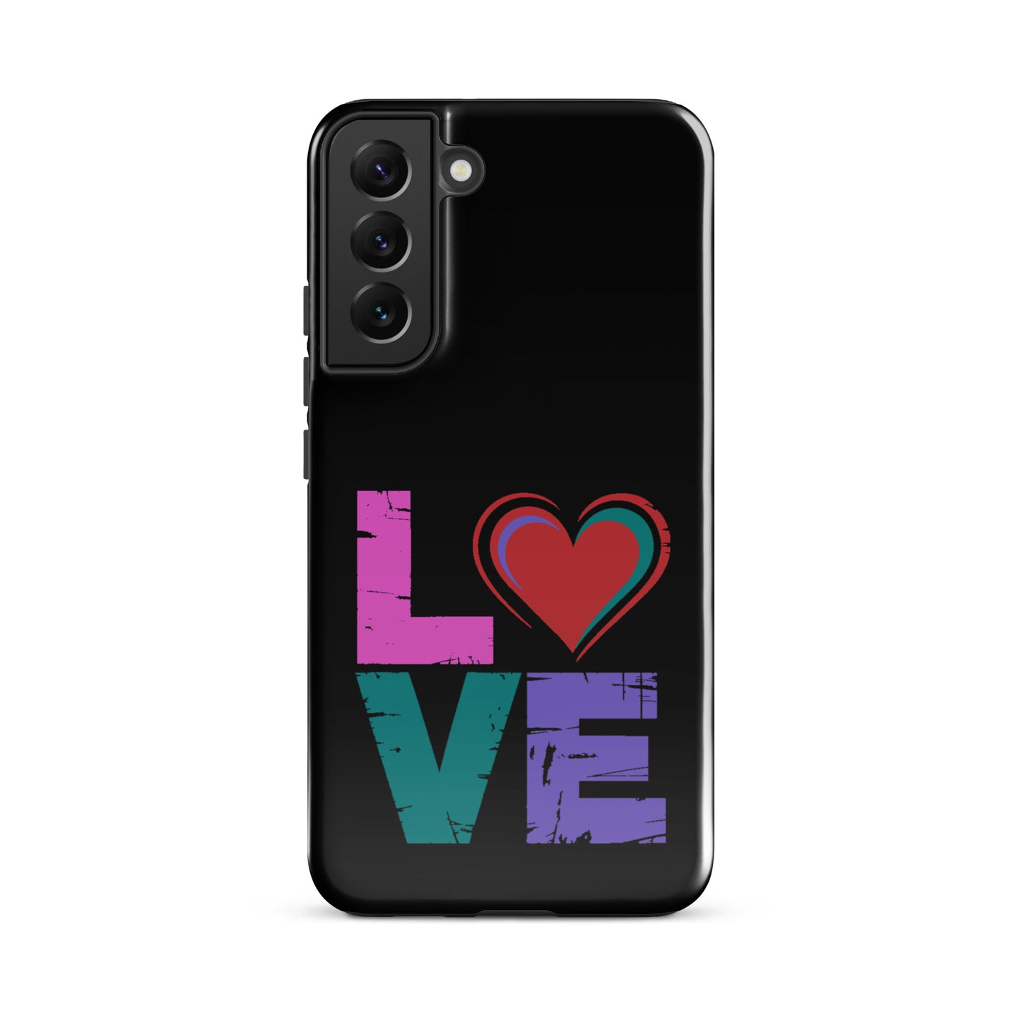 Tough case for Samsung Galaxy Phones featuring colorful 'LOVE' design with heart on a black background.