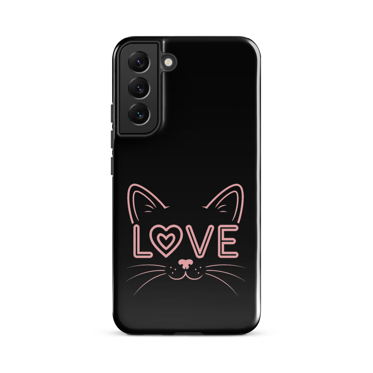 Cat Love Phone Case for Samsung Galaxy featuring a minimalist cat face and 'LOVE' design.