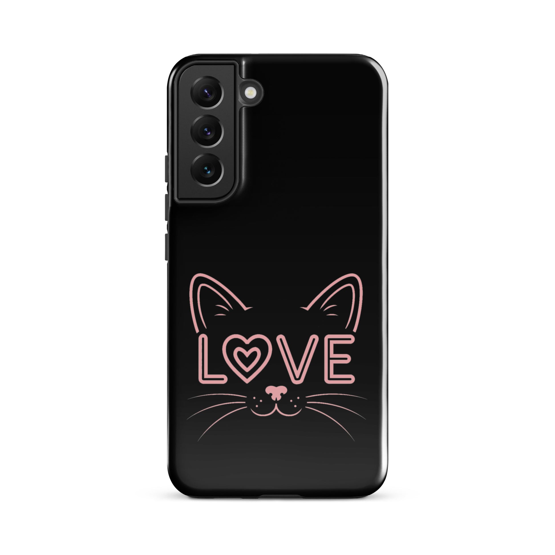 Cat Love Phone Case for Samsung Galaxy featuring a minimalist cat face and 'LOVE' design.