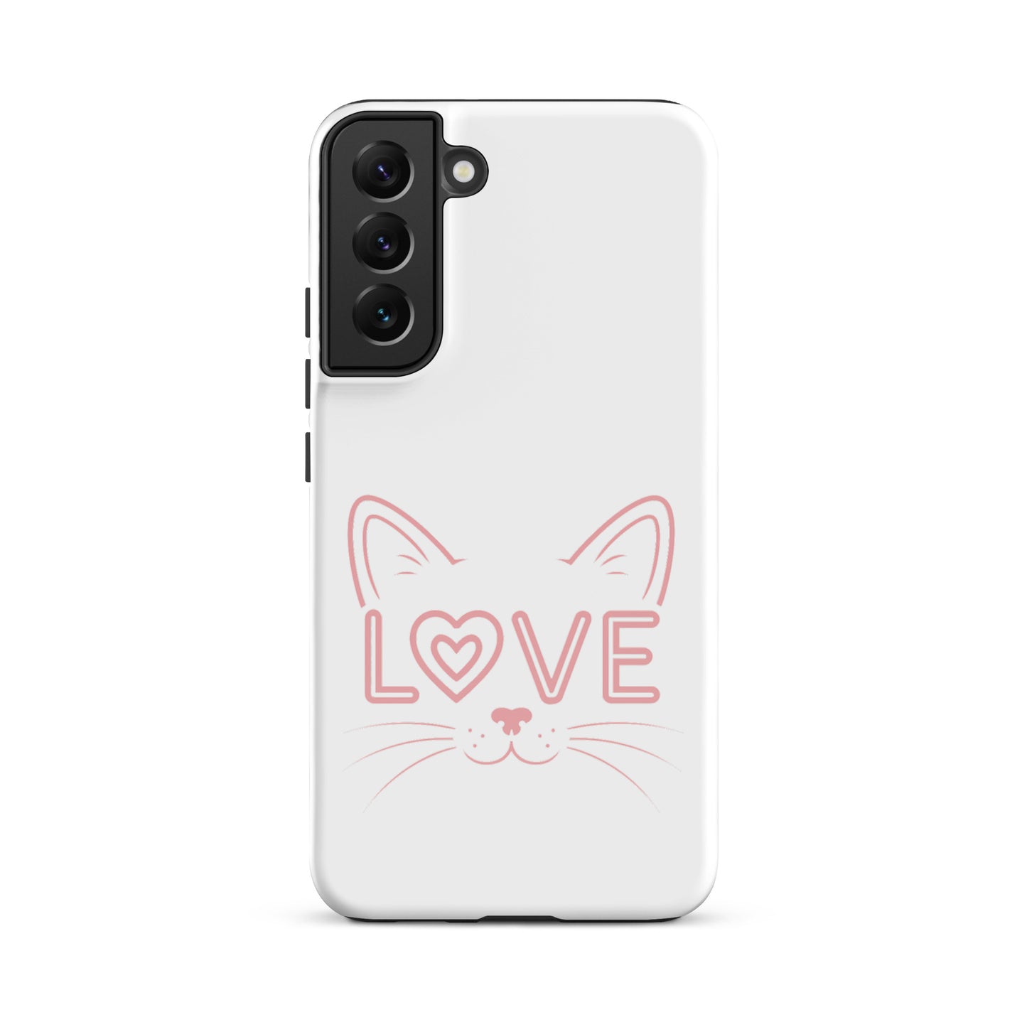 Cat Love phone case for Samsung Galaxy with minimalist cat face design and the word 'LOVE' in pink.