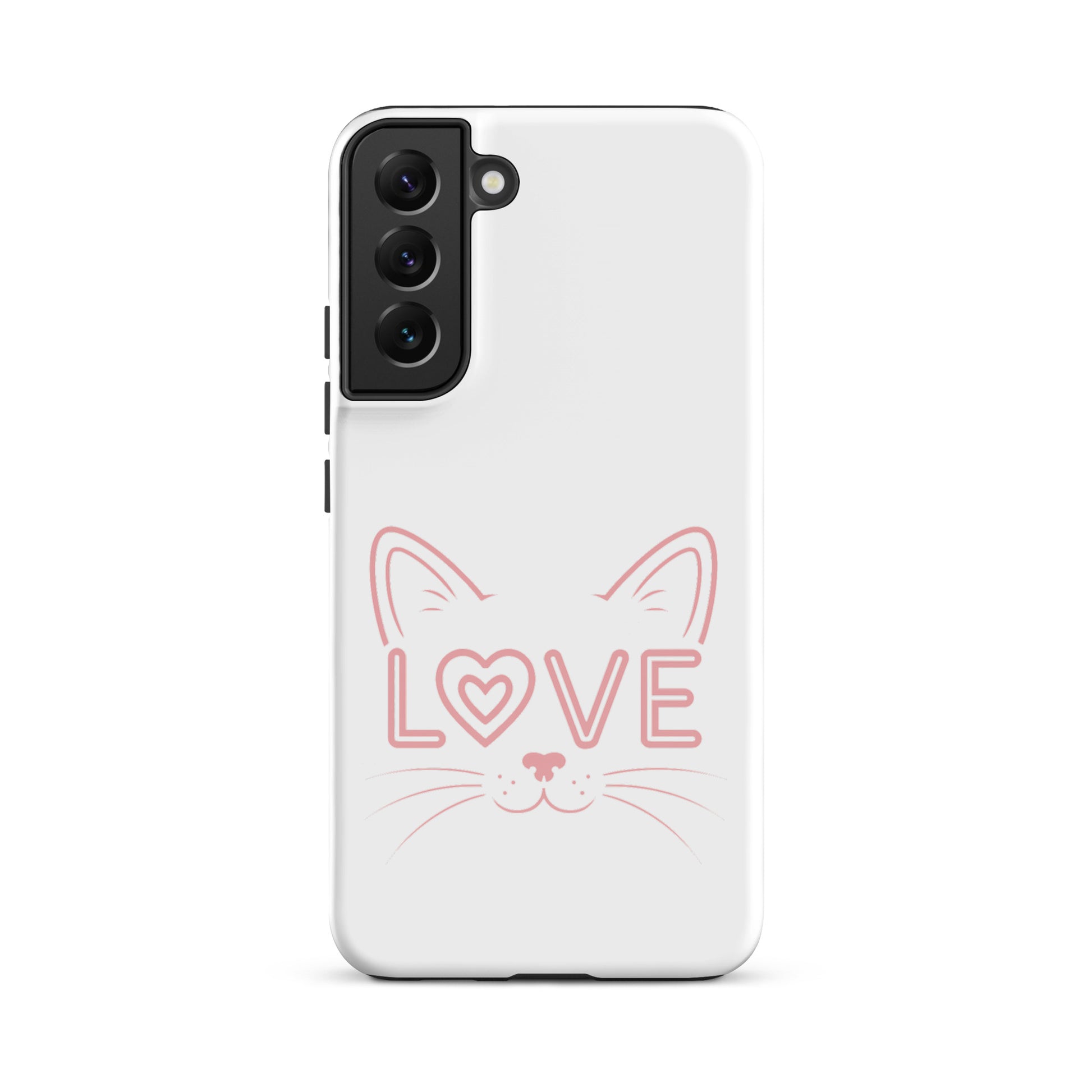 Cat Love phone case for Samsung Galaxy with minimalist cat face design and the word 'LOVE' in pink.