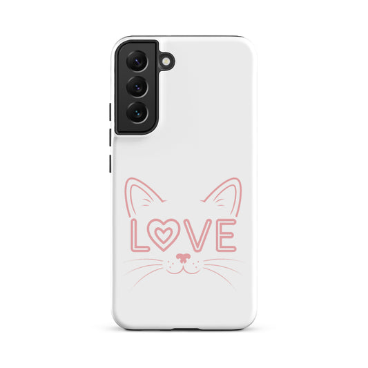 Cat Love phone case for Samsung Galaxy with minimalist cat face design and the word 'LOVE' in pink.