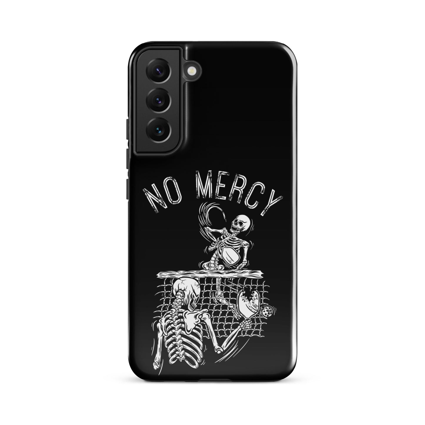 Pickleball Samsung Galaxy case featuring a 'No Mercy' design with skeletons on a pickleball net.