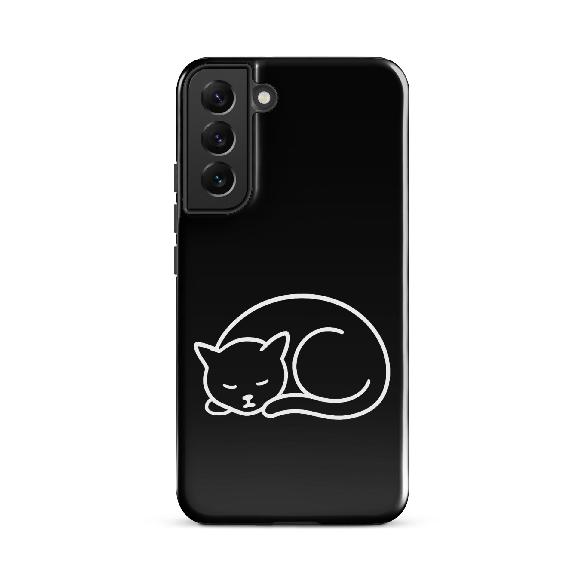 Phone Case for Samsung Galaxy Phones featuring a minimalist curled-up cat design on a sleek black background.