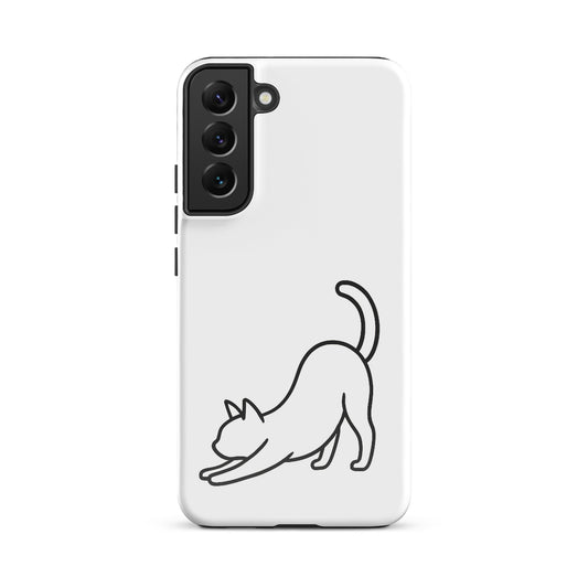 Phone Case for Samsung Galaxy featuring a minimalist stretching cat design on a sleek white background.