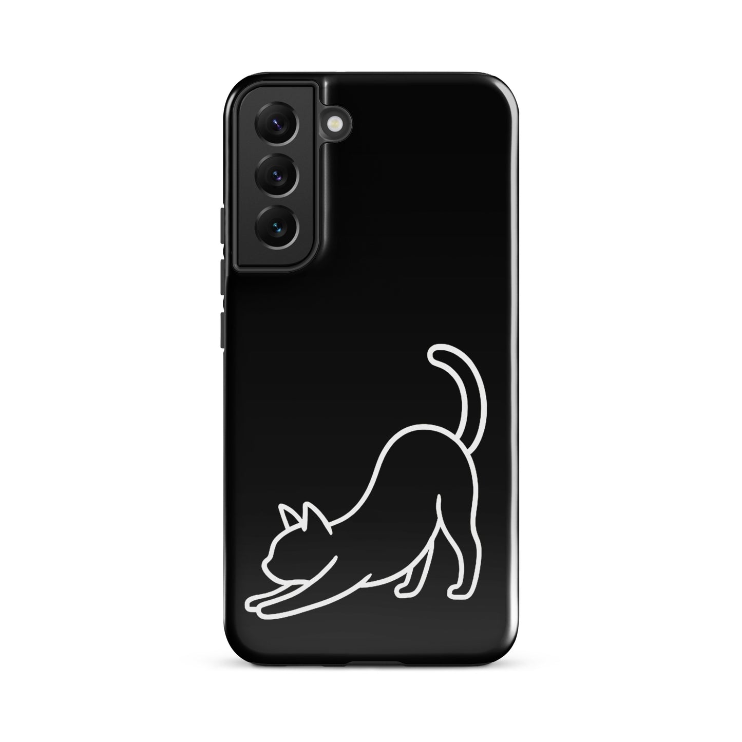 Phone Case for Samsung Galaxy featuring a minimalist stretching cat design on a sleek black background.