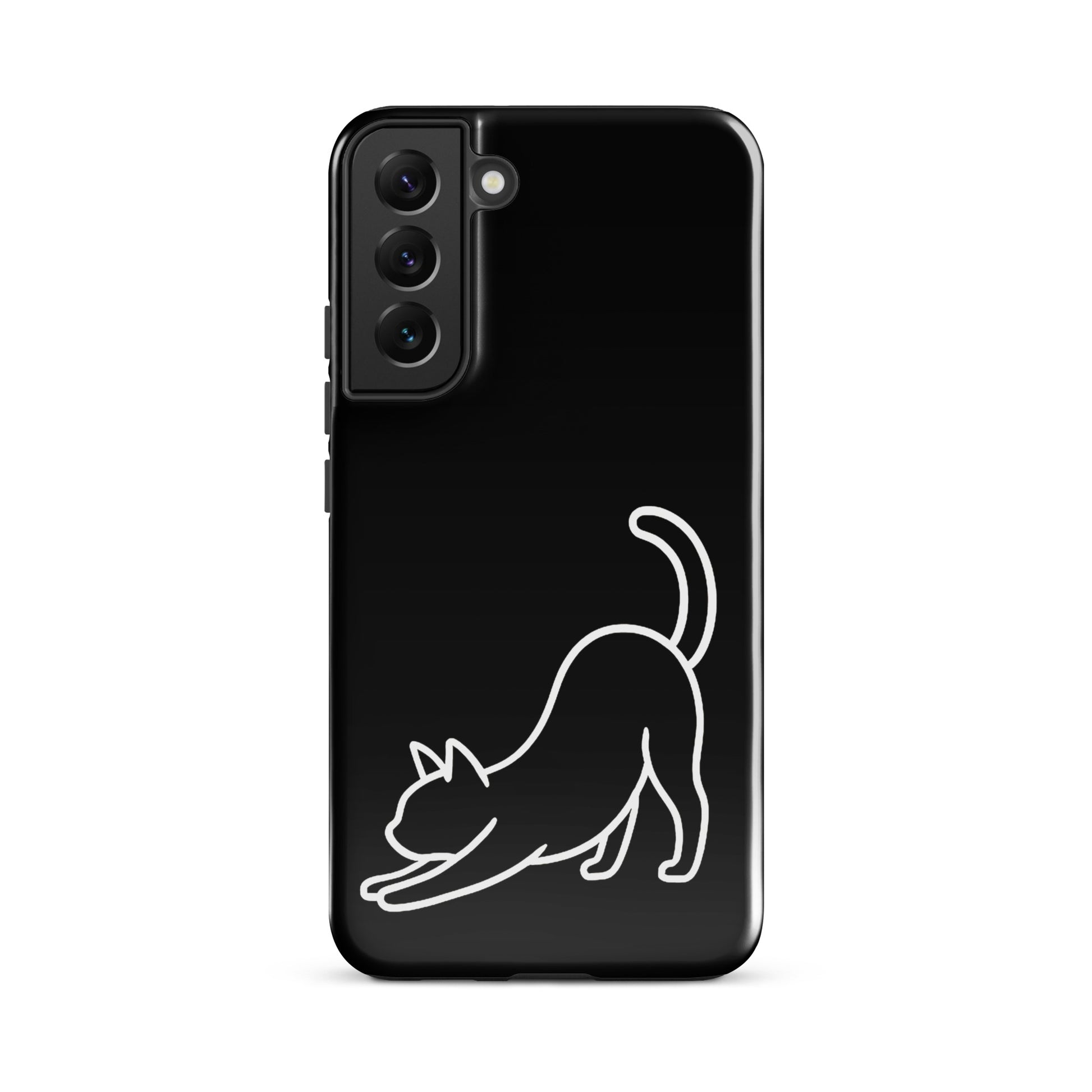 Phone Case for Samsung Galaxy featuring a minimalist stretching cat design on a sleek black background.