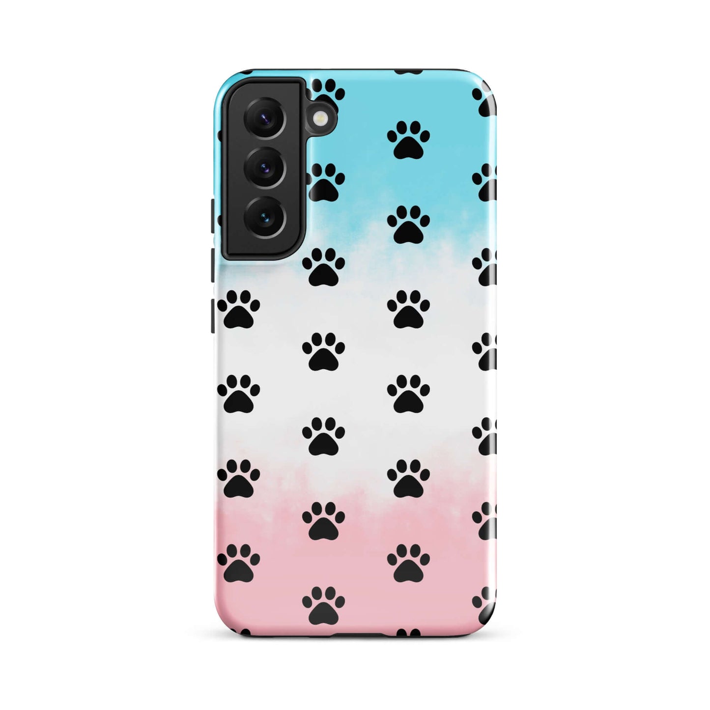 Phone Case for iPhone featuring playful paw print pattern in black, blue, and pink colors.