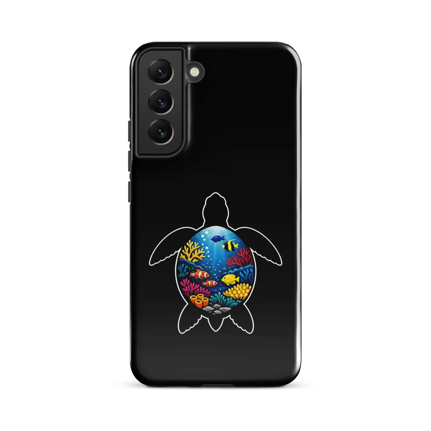 Phone case for Samsung Galaxy featuring vibrant sea turtle reef design with coral and marine life.