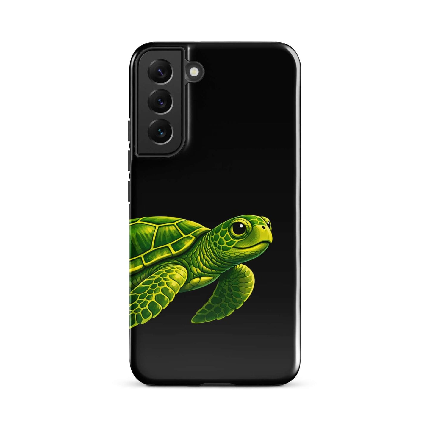 Phone case for Samsung Galaxy featuring a vibrant sea turtle design on a black background.