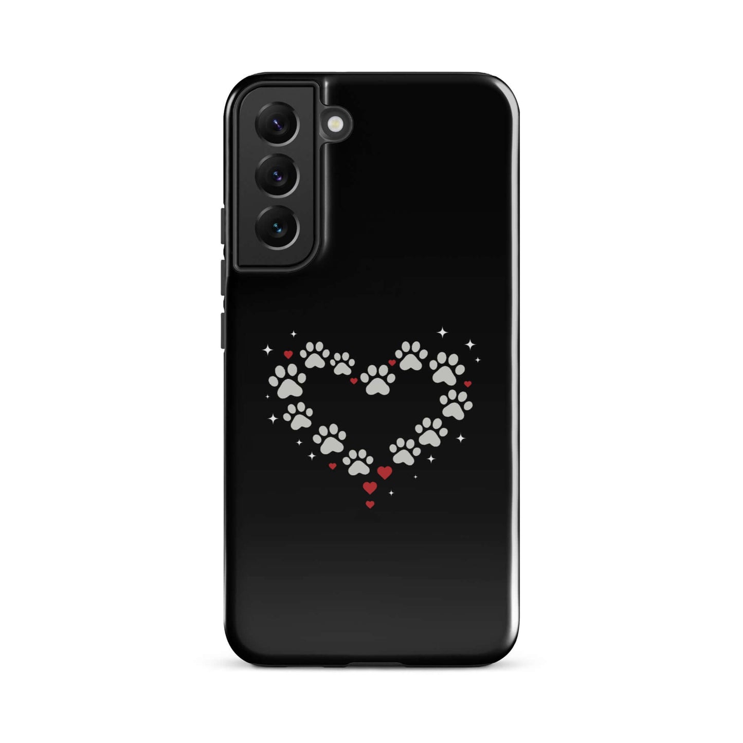 Phone Case for Samsung Galaxy featuring a paw-print heart design on a black background.