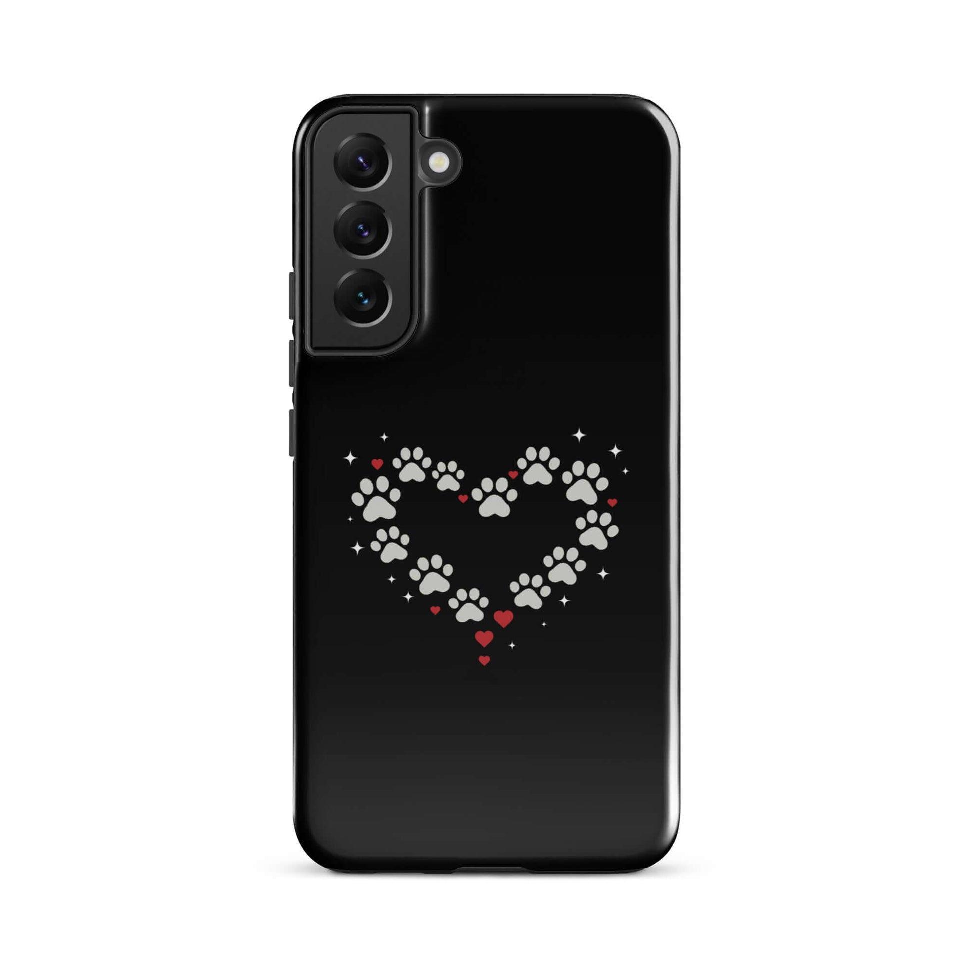 Phone Case for Samsung Galaxy featuring a paw-print heart design on a black background.