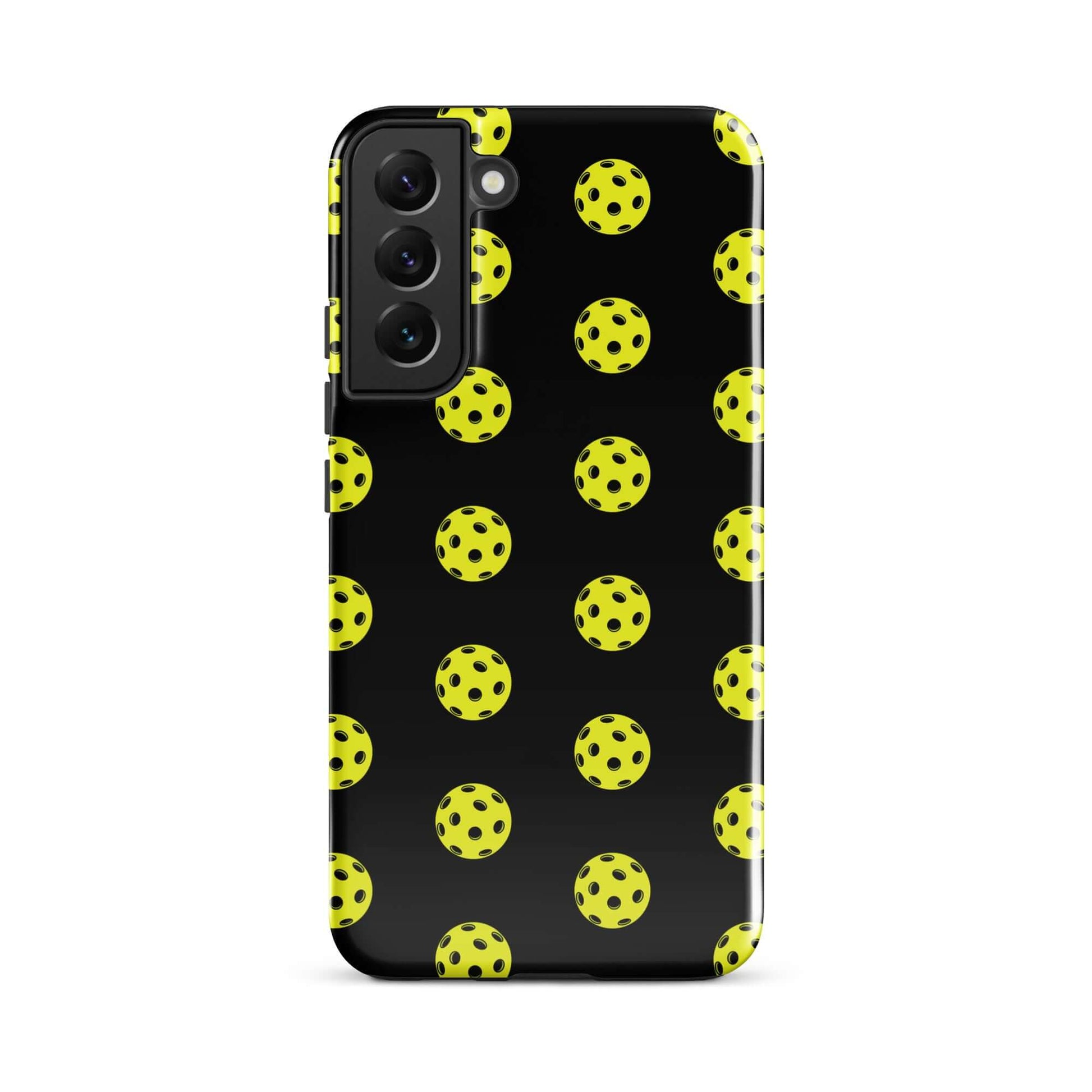 Phone Case for Samsung Galaxy with a playful pickleball pattern on a black background.