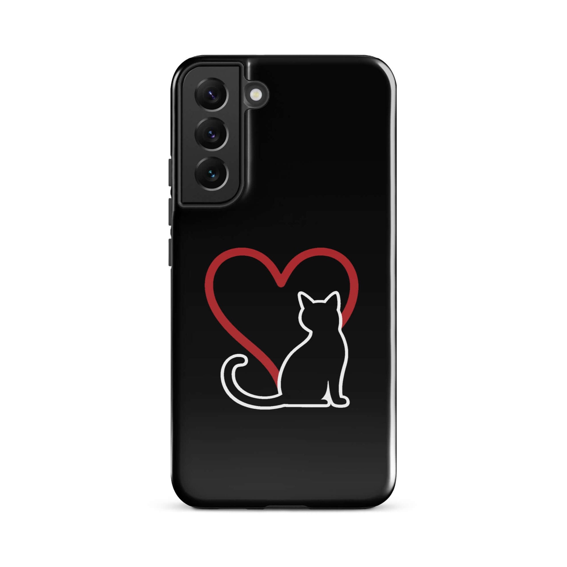 Phone Case for Samsung Galaxy featuring a minimalist black cat and heart design, perfect for cat lovers.
