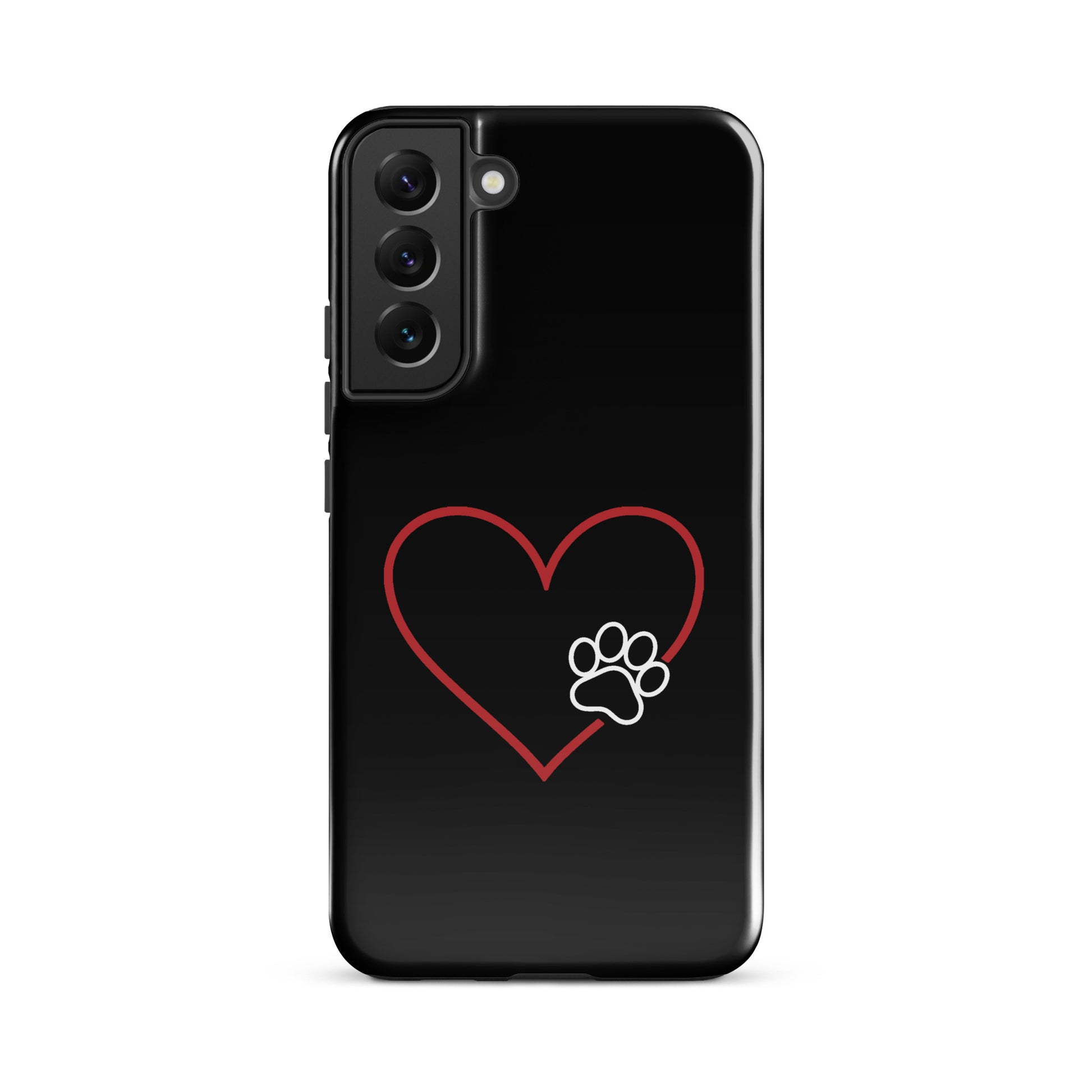 Phone Case for Samsung Galaxy with heart paw print design, black background, symbolizing pet love and protection.