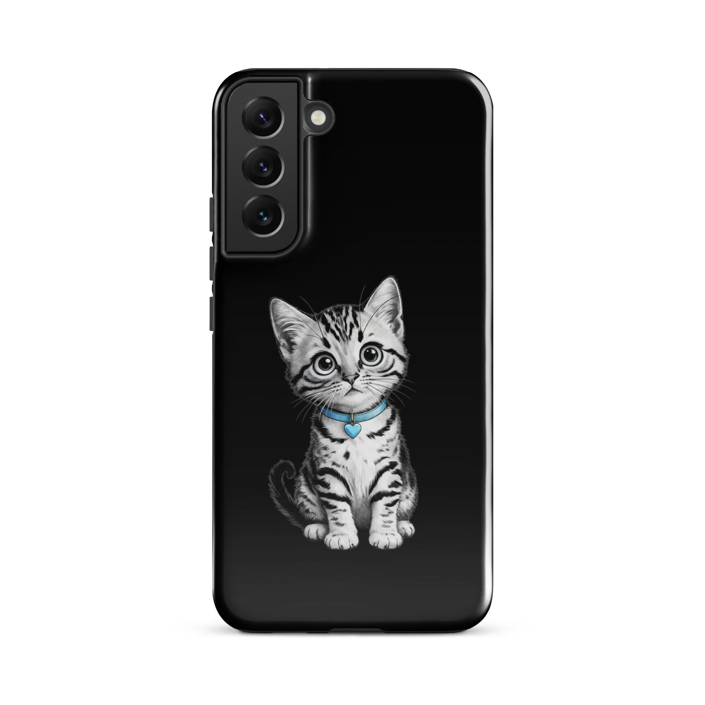 Phone Case for Samsung Galaxy featuring pencil-sketch kitten with blue heart charm, offering stylish protection and charm.