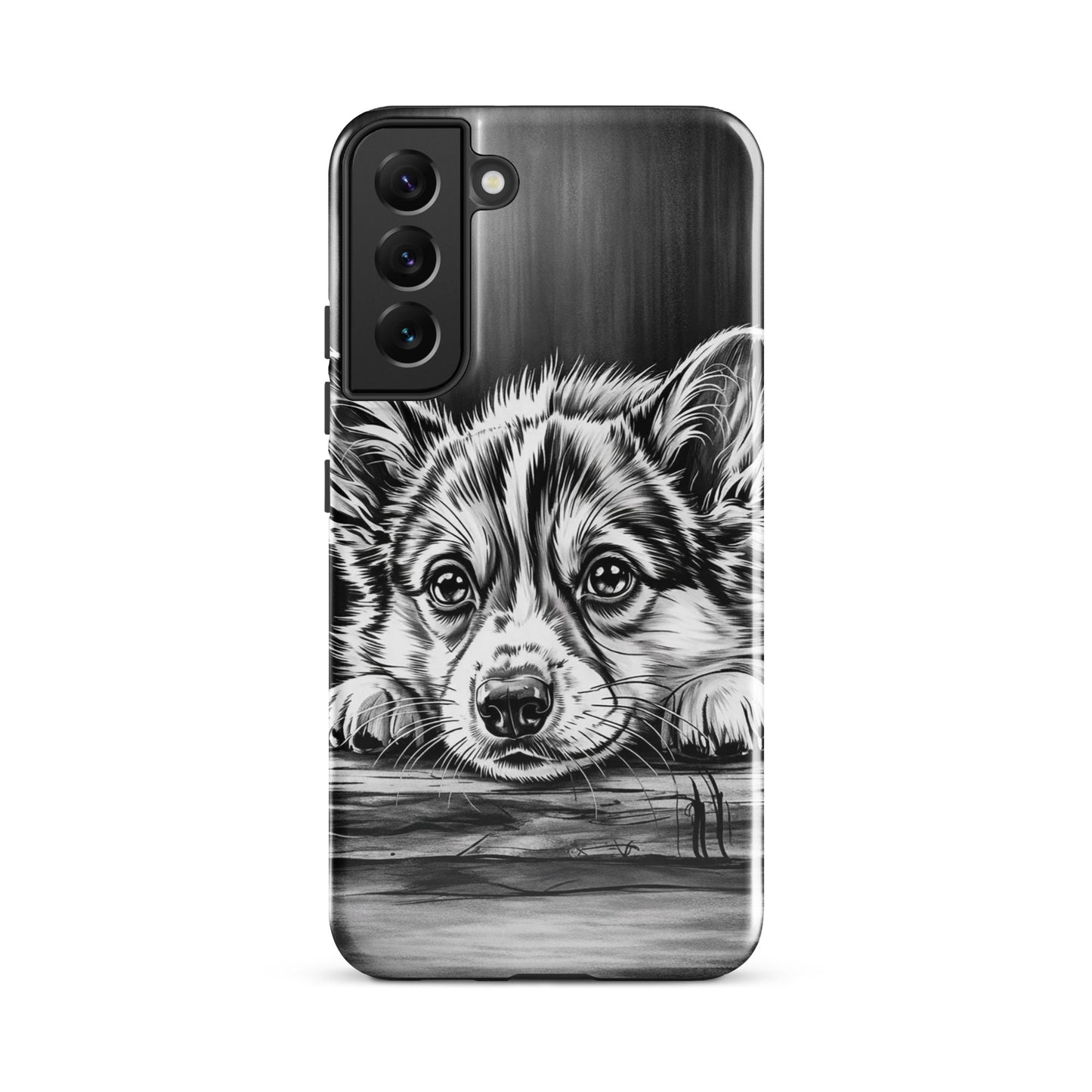Phone Case for Samsung Galaxy featuring elegant black-and-white puppy art on aged wood design