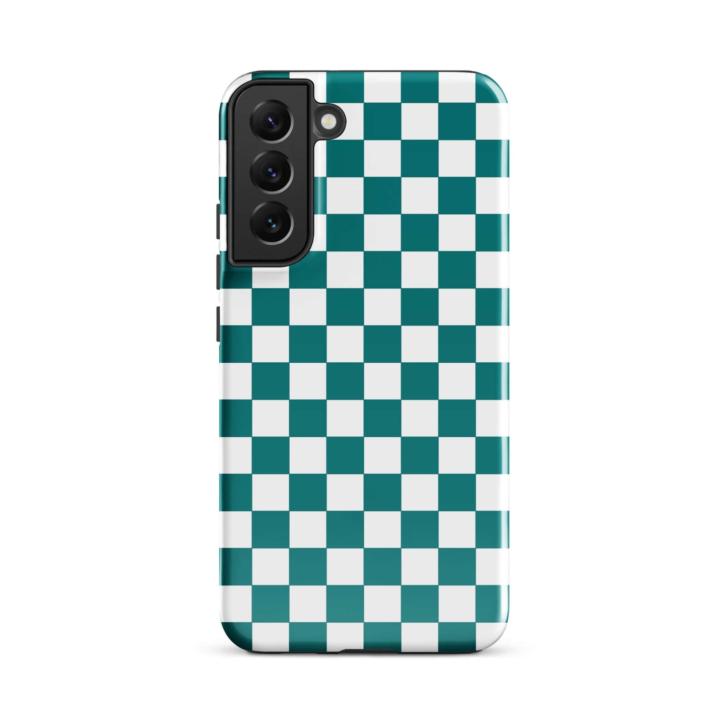 Phone Case for Samsung Galaxy with teal and white checkered design; adds style and personality to your device.