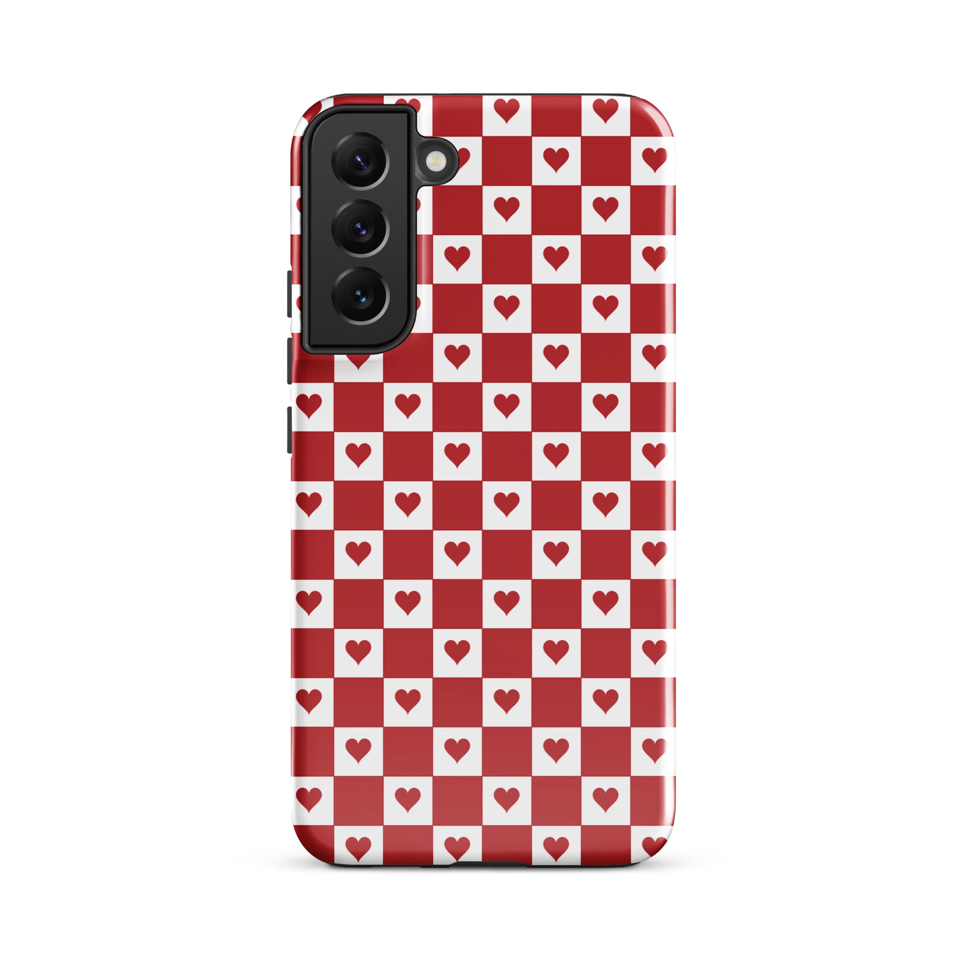 Phone Case for Samsung Galaxy with cute red heart checkered design, charming red-and-white pattern phone accessory.