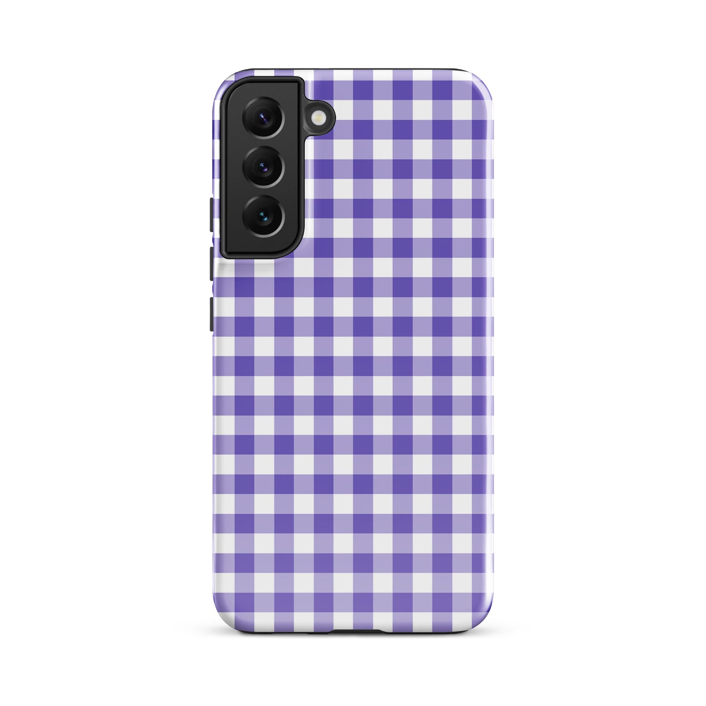 Phone case with purple-and-white gingham pattern for Samsung Galaxy, combining style and protection.