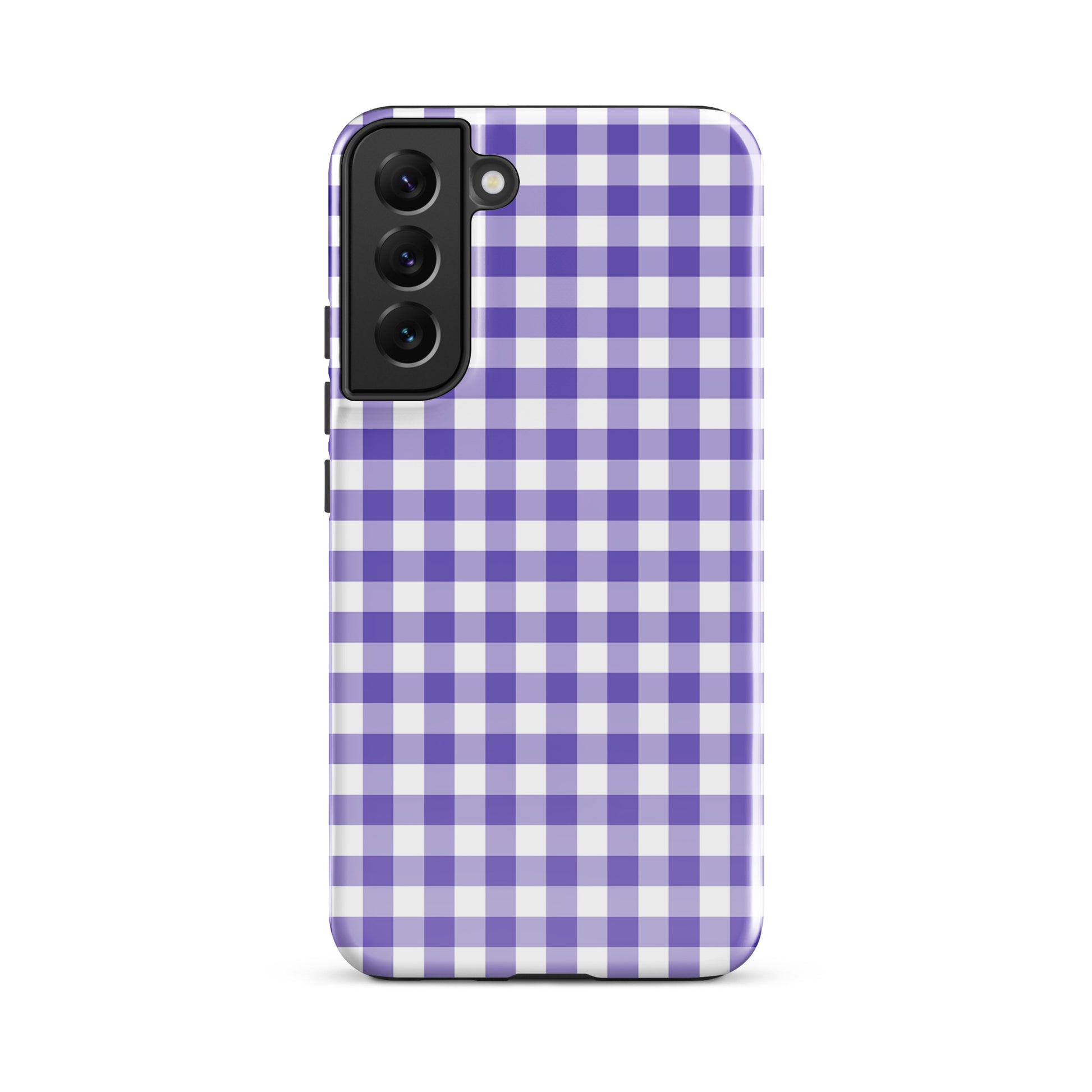 Phone case with purple-and-white gingham pattern for Samsung Galaxy, combining style and protection.
