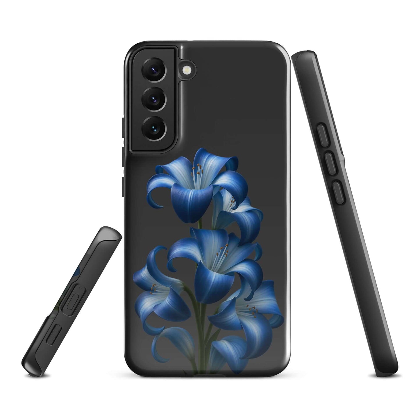 Phone Case for Samsung Galaxy featuring blue lily bloom art on a dark backdrop with dual-layer protection.