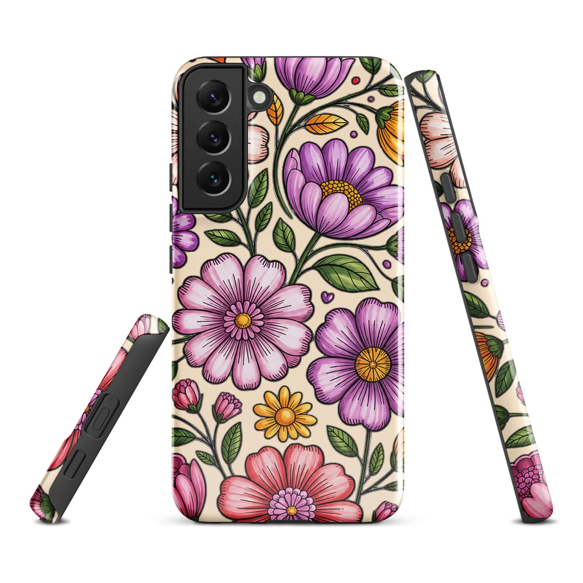 Phone Case for Samsung Galaxy with pastel floral design showcasing pink, peach, lavender, and yellow flowers on a deep background.