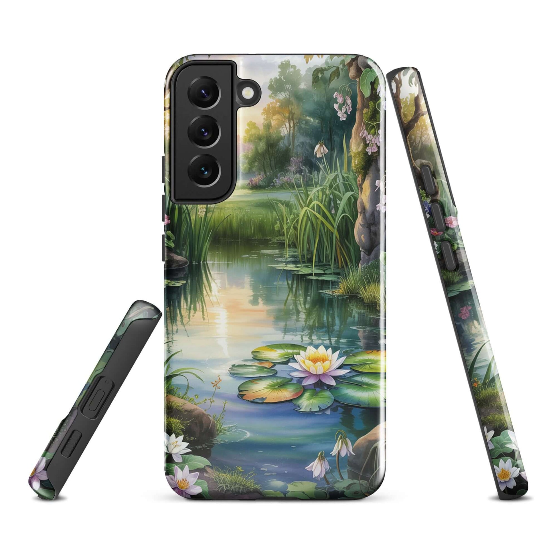 Phone Case for Samsung Galaxy featuring enchanted pond design with water lilies and sunset reflections.