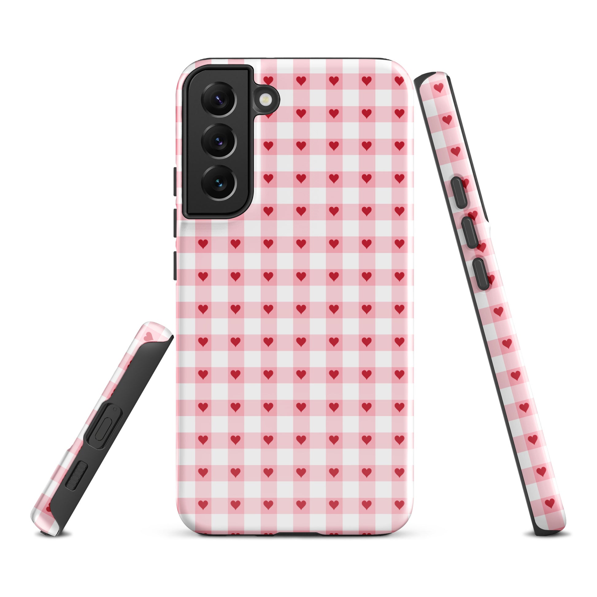 Phone Case for Samsung Galaxy in pink-and-white gingham heart pattern, stylish and durable accessory.