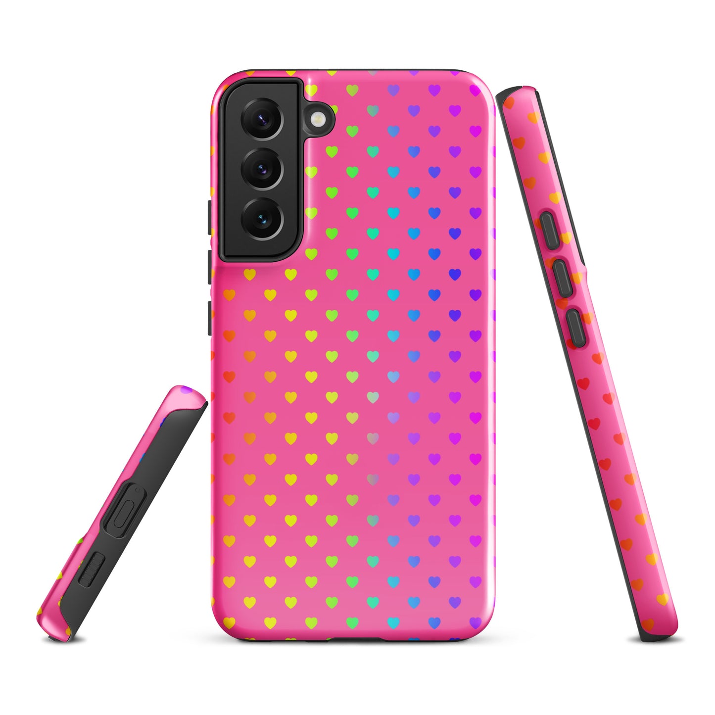 phone case for Samsung Galaxy with rainbow hearts design on a pink background