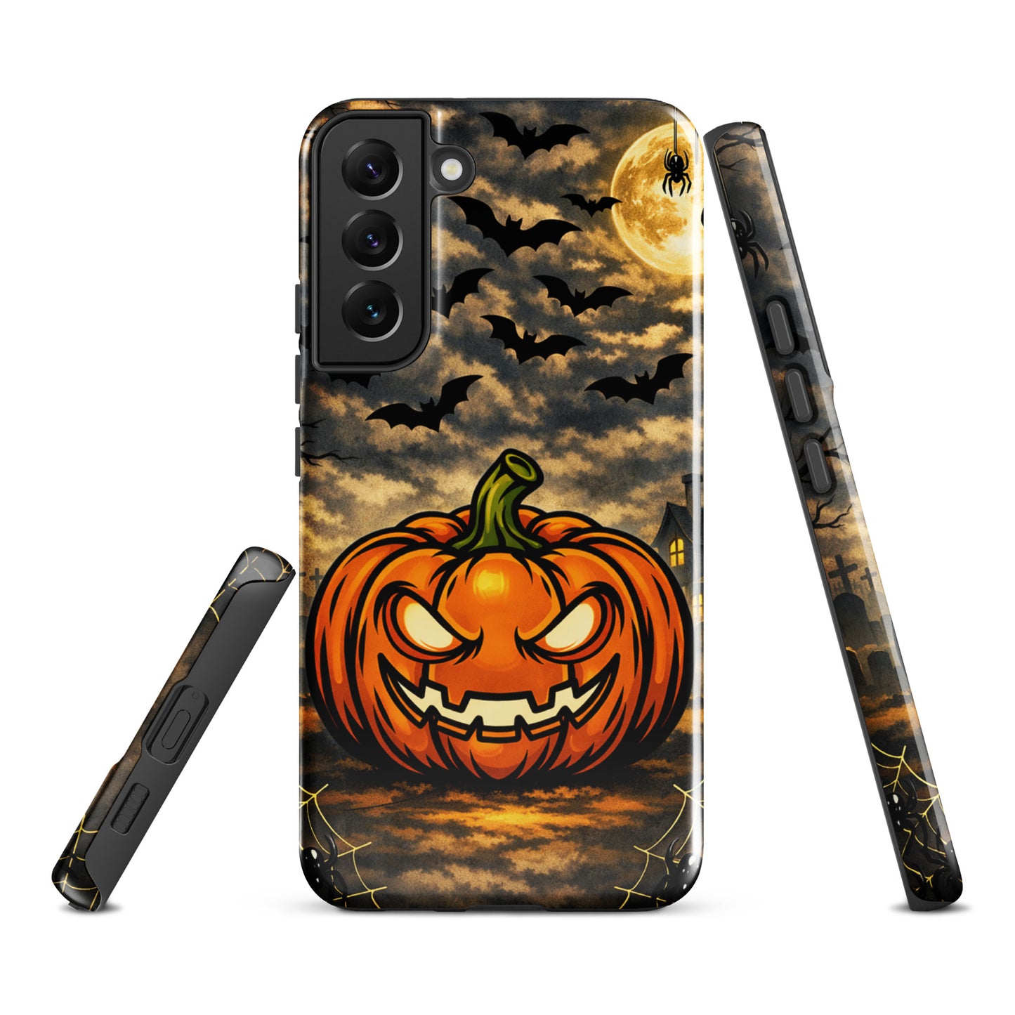 Phone Case for Samsung Galaxy featuring Halloween haunted pumpkin scene with bats, moonlit clouds, and haunted house design.