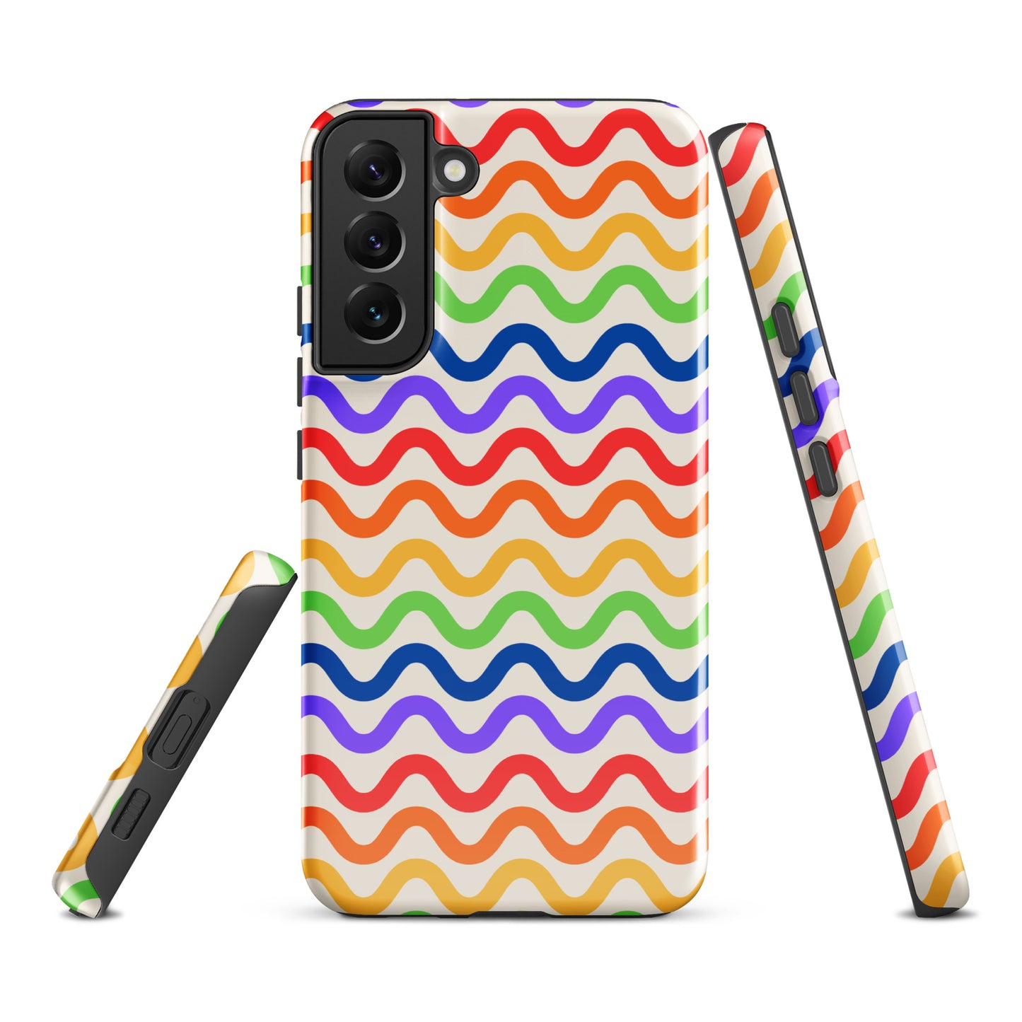 Phone Case for Samsung Galaxy with wavy rainbow design in purple, red, orange, yellow, green, and blue on white background.