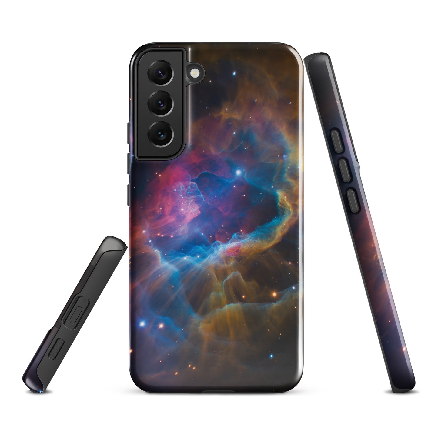 Phone Case for Samsung Galaxy with Nebula Cosmic Dreamscape Starburst design in vibrant blues, oranges, and pinks.