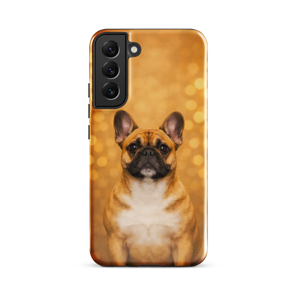 Phone Case for Samsung Galaxy with French Bulldog portrait against golden bokeh background, showing adorable Frenchie dog design.