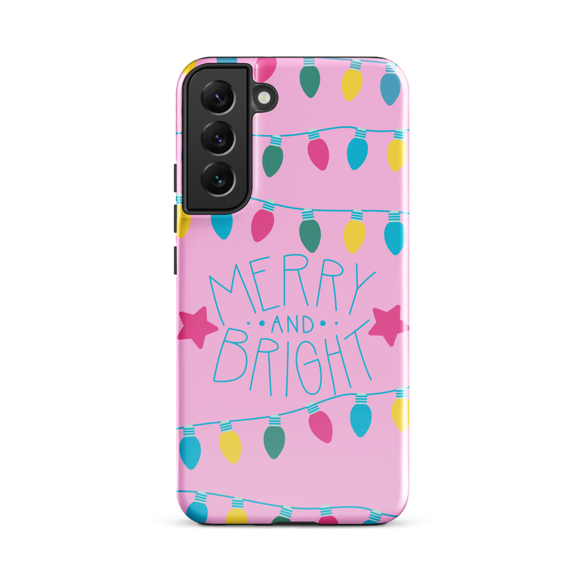 Phone Case for Samsung Galaxy with colorful holiday lights and 'Merry and Bright' text on a pink background.