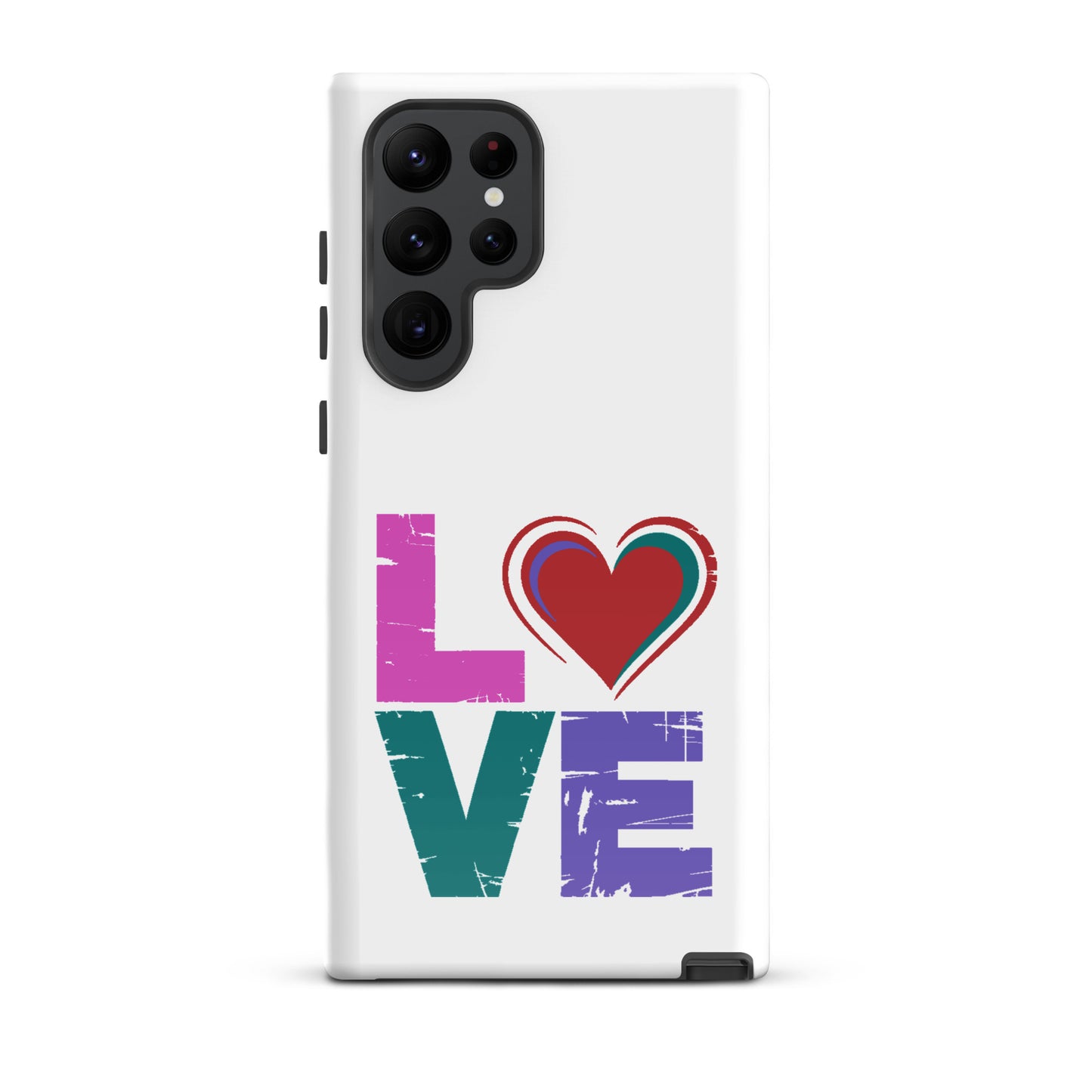 Tough case for Samsung Galaxy Phones featuring the word love with a heart design.