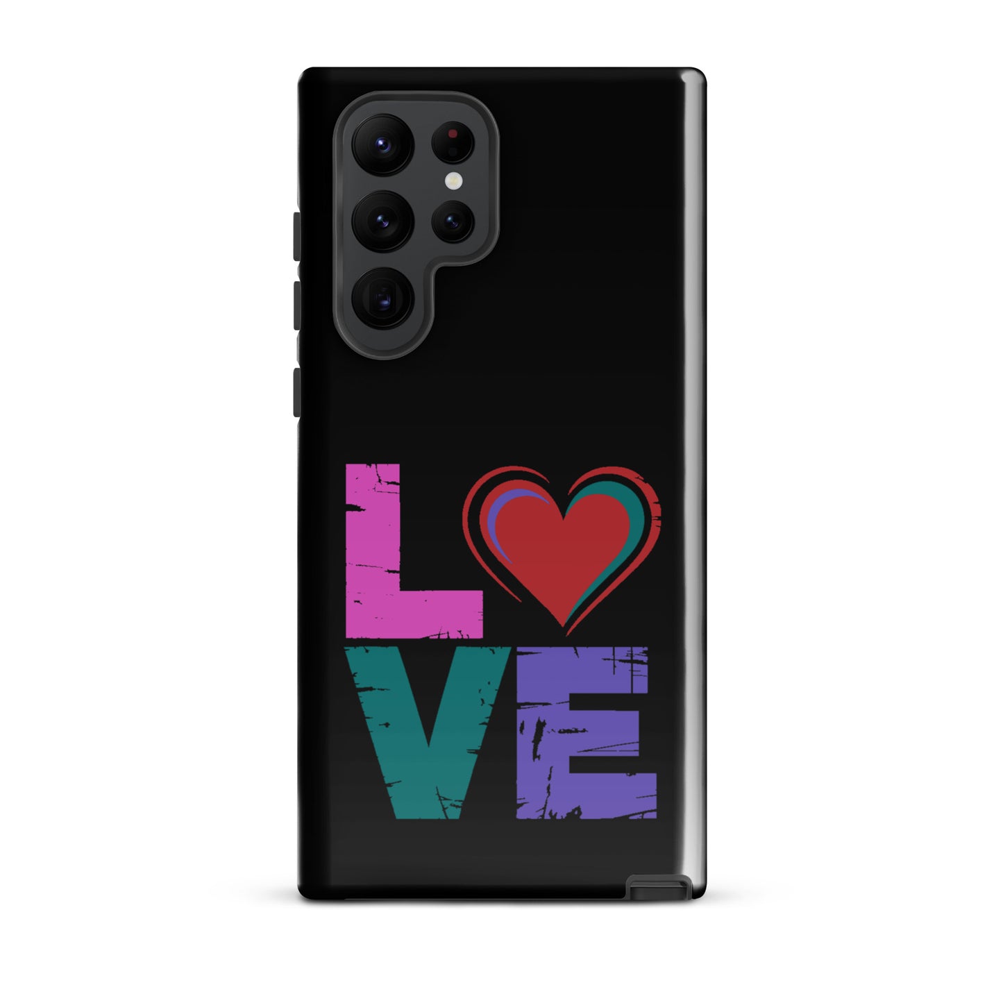 Tough case for Samsung Galaxy Phones featuring colorful 'LOVE' design with heart, stylish and protective accessory.