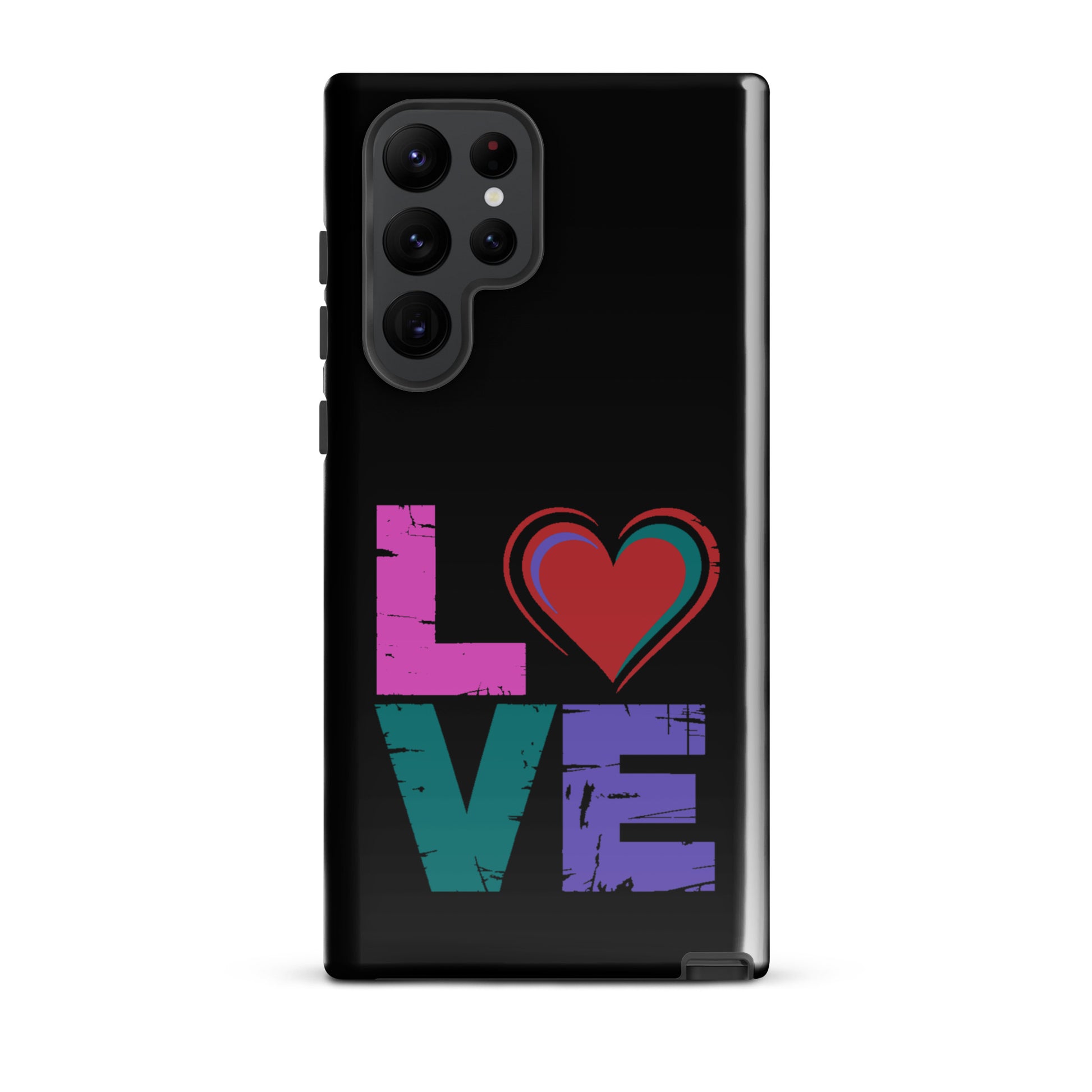 Tough case for Samsung Galaxy Phones featuring colorful 'LOVE' design with heart, stylish and protective accessory.