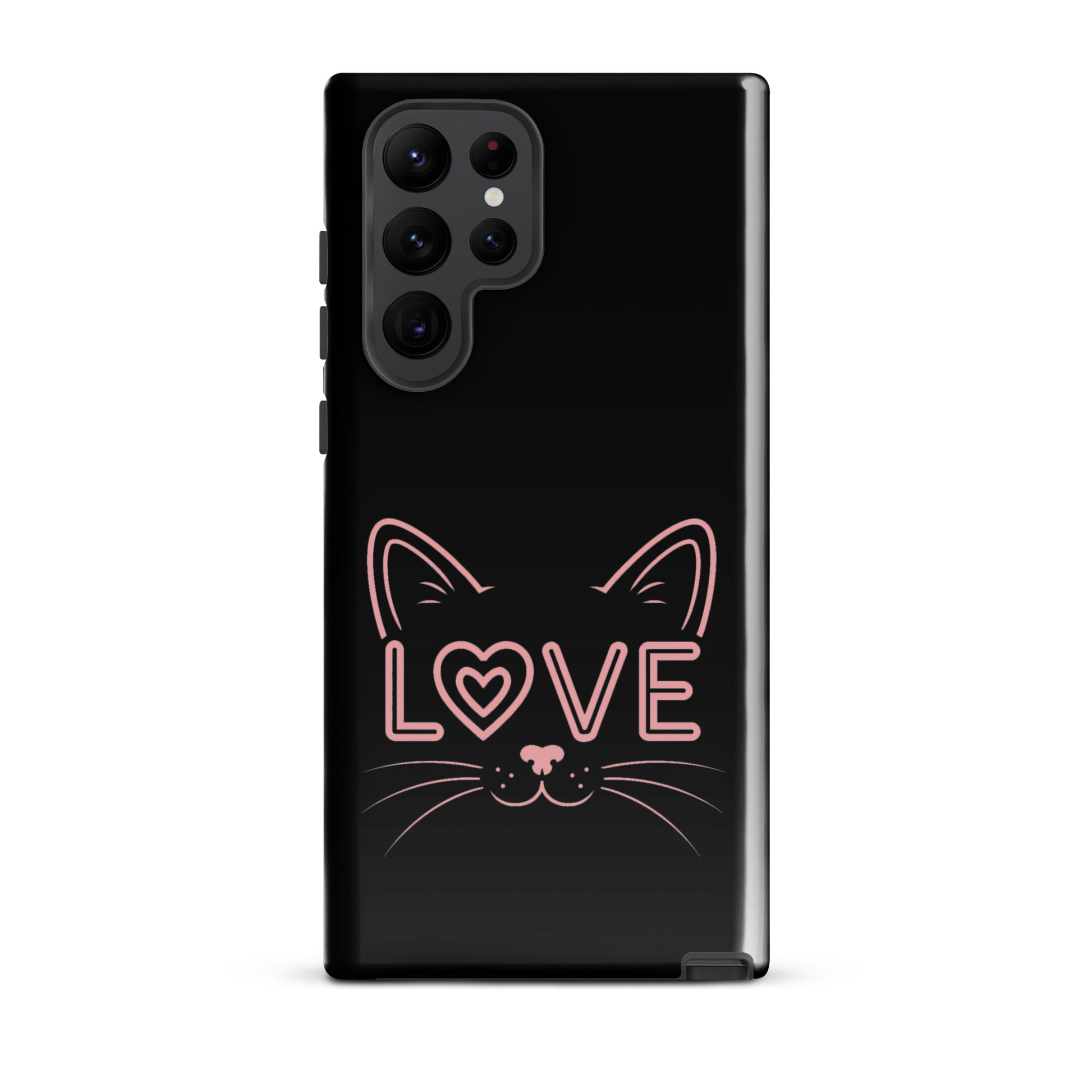 Cat Love phone case for Samsung Galaxy featuring a minimalist cat face design and love text.