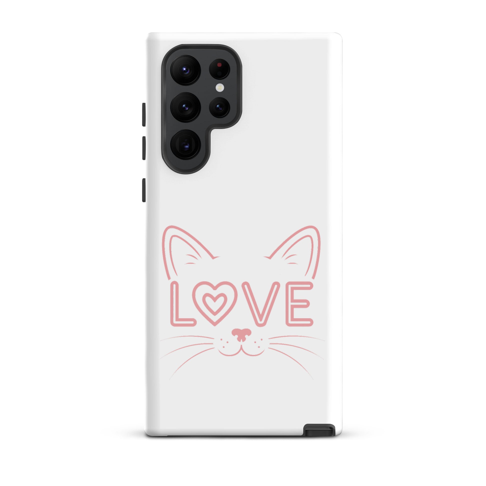 Cat Love Phone Case for Samsung Galaxy with minimalist cat face design and pink lettering.