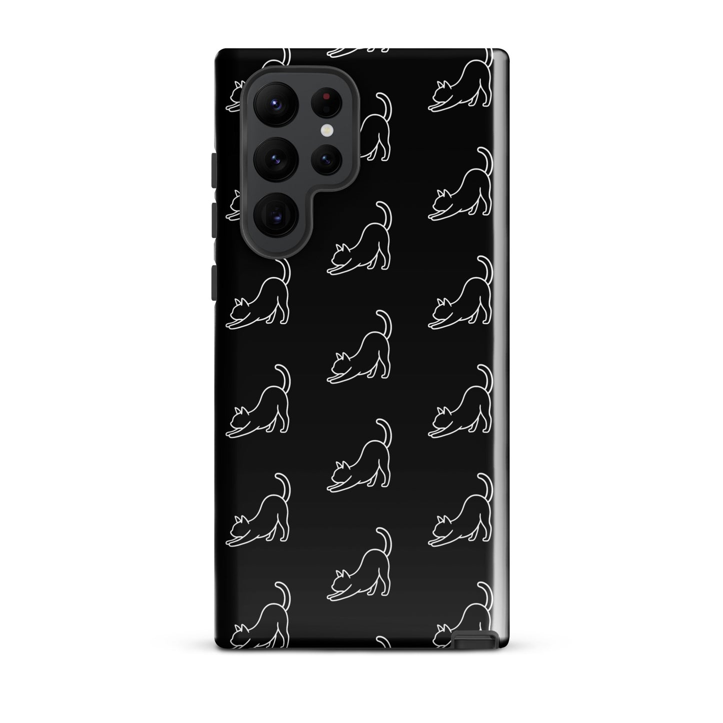 Phone Case for Samsung Galaxy featuring a minimalist stretching cat pattern on a sleek black background.